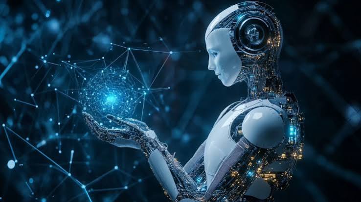 A white humanoid robot in profile holding a glowing blue network sphere in its open hand, against a dark field of connected light nodes