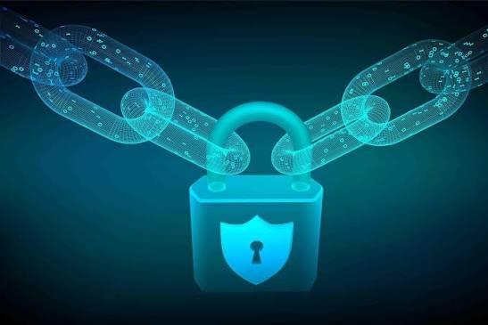 A glowing digital padlock with a shield icon joining two wireframe chain links against a dark teal background