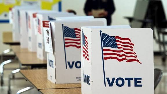 Rows of white voting booths printed with an American flag and the word VOTE inside a polling place