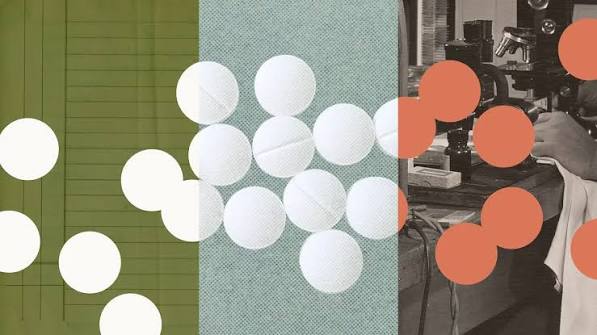 Collage of white pills over green ledger paper and a teal panel, with orange dots over a vintage photo of a laboratory microscope