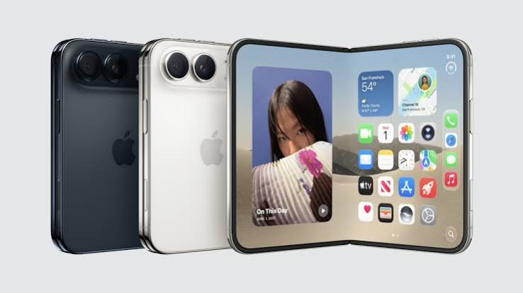 Two iPhone 18 Pro models beside the foldable iPhone Duo shown open with its inner home screen