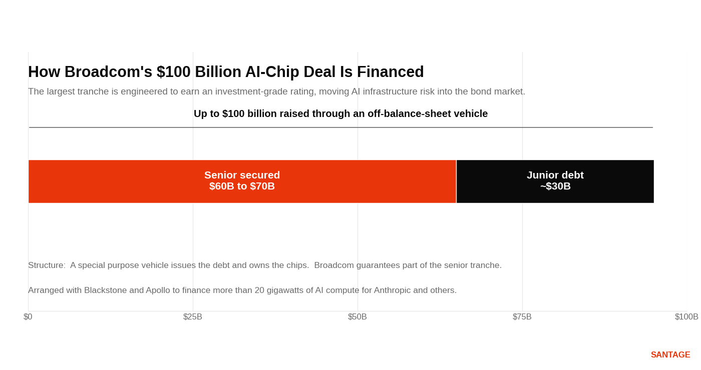 Stacked bar showing Broadcom's AI-chip financing structure, a 60 to 70 billion dollar senior secured tranche and a roughly 30 billion dollar junior tranche, totaling up to 100 billion dollars raised through an off-balance-sheet special purpose vehicle