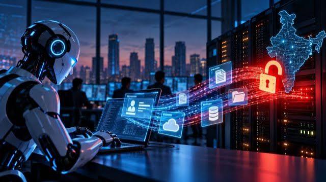 Illustration of a humanoid robot at a laptop sending streams of data files toward a server rack marked with a red padlock and a map of India, with a city skyline at dusk behind