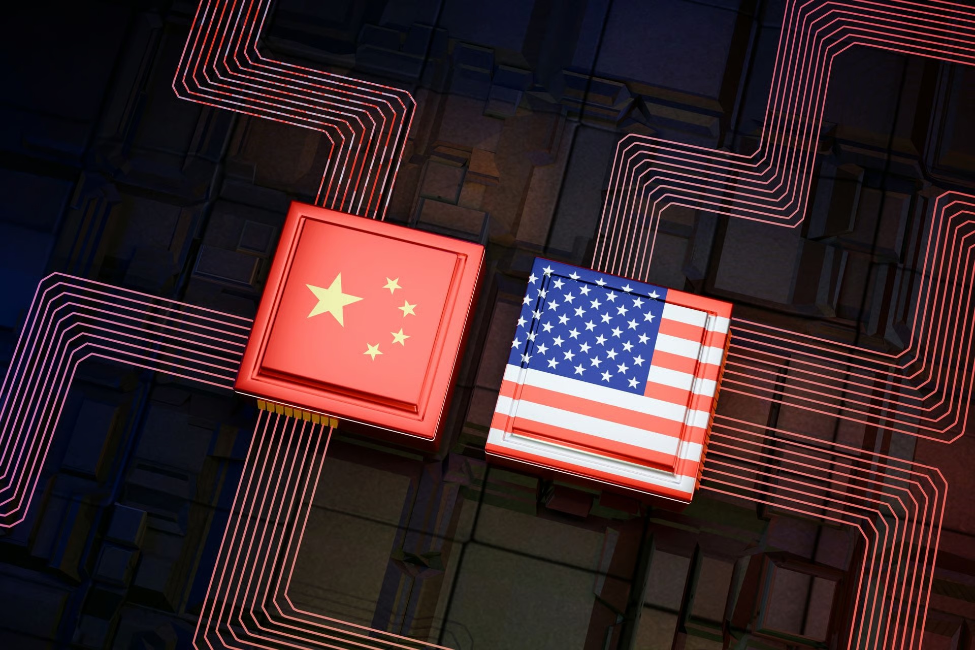 Split visualization of US and Chinese AI model logos over a rising token-share chart