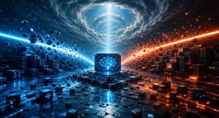 A glowing AI chip at the center of a split blue and orange digital landscape, representing the price competition between Anthropic and OpenAI