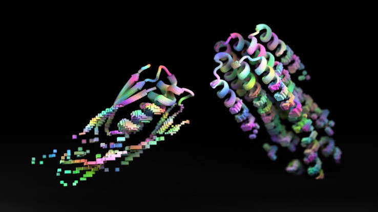 Two iridescent three-dimensional protein structures on a black background, one dissolving into digital pixels, representing an AI-designed protein
