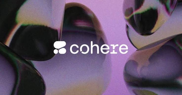 The Cohere logo in white over an abstract purple background of glossy rounded shapes