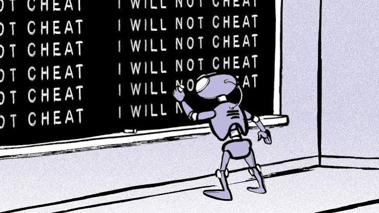 Illustration of a robot at a chalkboard covered in the handwritten line I will not cheat