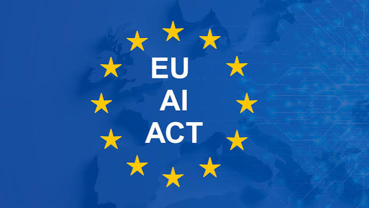 A red EU circuit-star emblem over a courtroom gavel on a black field, representing the AI Act becoming enforceable