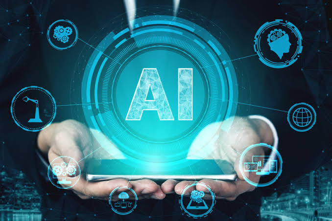 Hands holding a smartphone beneath a glowing AI emblem surrounded by connected technology icons