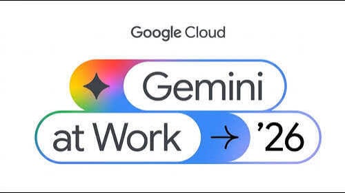 Google Cloud Gemini at Work 2026 event logo in dark lettering on colored pill shapes against a white background