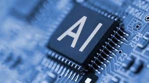 AI chip on a blue circuit board with the letters AI embossed in the center