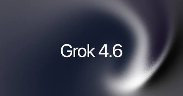 The Grok logo over a rising benchmark curve on a black field, representing Grok 4.6 reaching frontier parity
