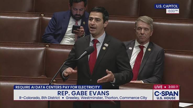 Representative Gabe Evans speaks on the House floor beside a chyron reading Require AI Data Centers Pay for Electricity