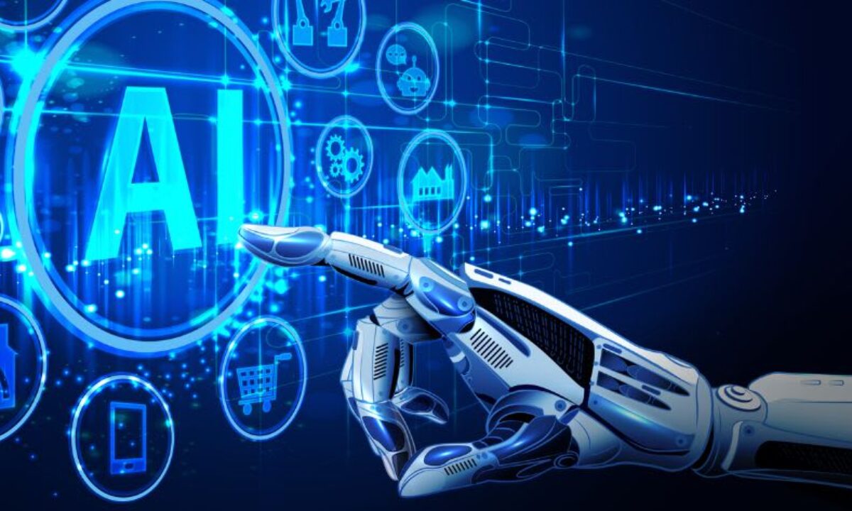 A white robotic hand reaching toward a glowing blue AI interface surrounded by digital icons on a dark background