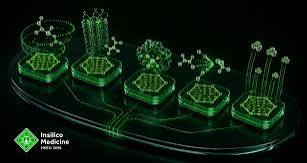 A glowing green render of molecular structures on a platform, with the Insilico Medicine logo