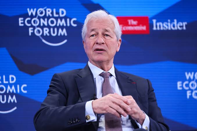 JPMorgan Chase chief executive Jamie Dimon speaking on stage at a World Economic Forum session