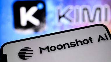 A smartphone screen showing the Moonshot AI logo in front of a blurred Kimi logo
