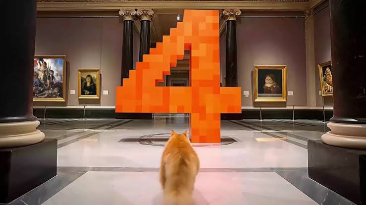 A large pixelated orange number 4 standing in a classical art gallery, with an orange cat looking up at it