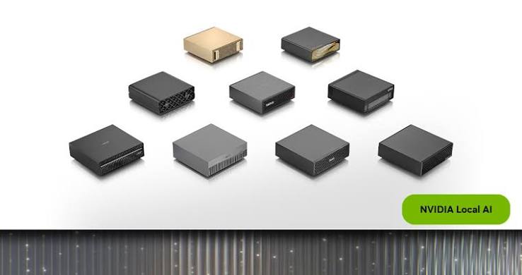 Nine compact Nvidia DGX Spark personal AI computers from Nvidia and its manufacturing partners arranged in a pyramid on a white background, with an NVIDIA Local AI label