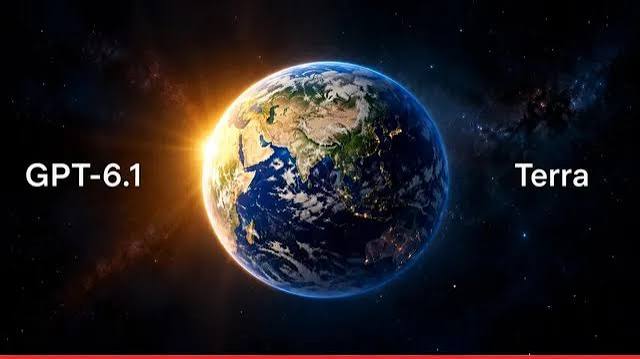 A glowing Earth in space lit by a sunrise, with the words GPT-6.1 on the left and Terra on the right