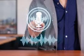 Person pointing at a glowing AI microphone icon with sound wave visualizations