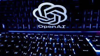 OpenAI logo displayed above a backlit computer keyboard
