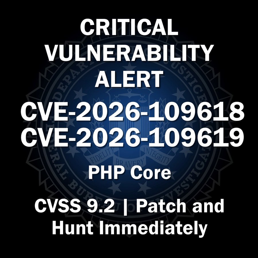Critical vulnerability alert graphic listing CVE-2026-109618 and CVE-2026-109619 in PHP Core, CVSS 9.2, with the instruction to patch and hunt immediately, over a dark blue seal