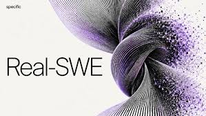 The Real-SWE benchmark title graphic from Specific Labs, with a purple and black particle vortex on a white background