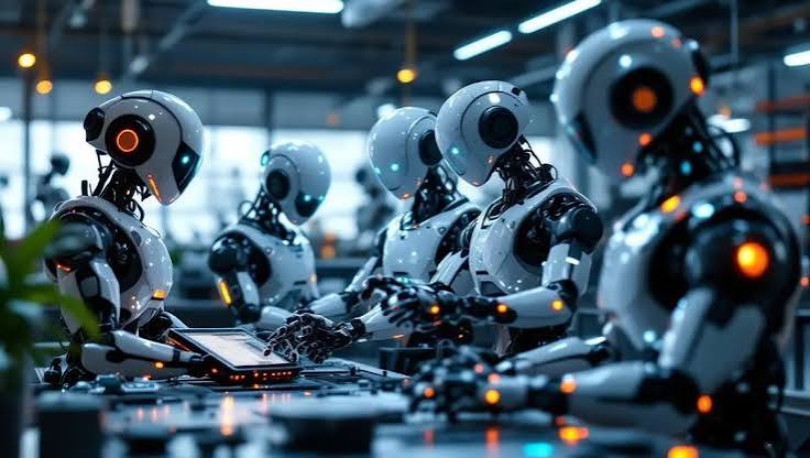Rows of white humanoid robots with glowing orange sensor eyes working at assembly benches with tablets in a factory