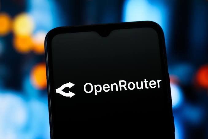 A smartphone displaying the OpenRouter logo in white on a black screen against a blurred background of city lights