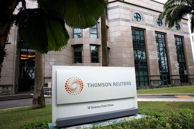 A Thomson Reuters sign outside the company's stone office building at 18 Science Park Drive, after the Third Circuit affirmed its copyright win over Ross Intelligence