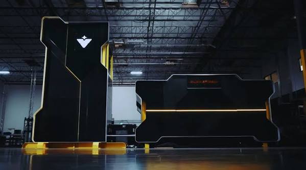 A small modular reactor feeding a rack of glowing AI servers, Santage red on black, representing Valar Atomics powering AI data centers
