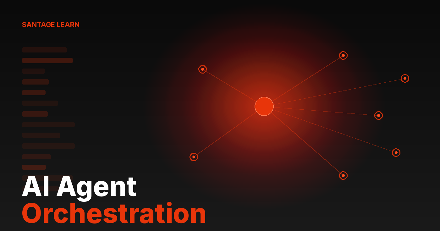 AI Agent Orchestration: Santage editorial illustration showing a central orchestrator routing work to specialist agent nodes