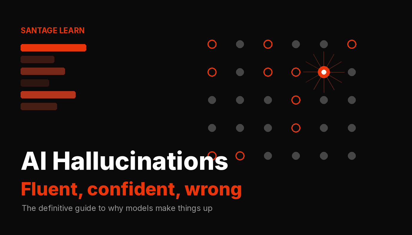 AI Hallucinations: Santage editorial illustration of grounded and fabricated fact nodes in vector space
