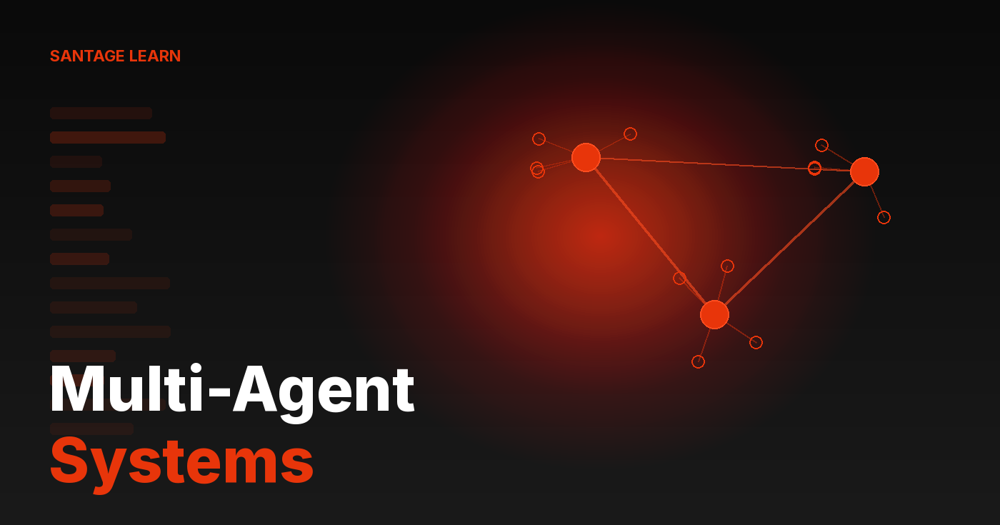 Multi-Agent Systems: Santage editorial illustration showing interconnected AI agent network